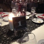Black lace runner & hand etched mirror tile table sign